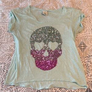 PINK Victoria's Secret Mint and Pink Sequin Skull Tee
